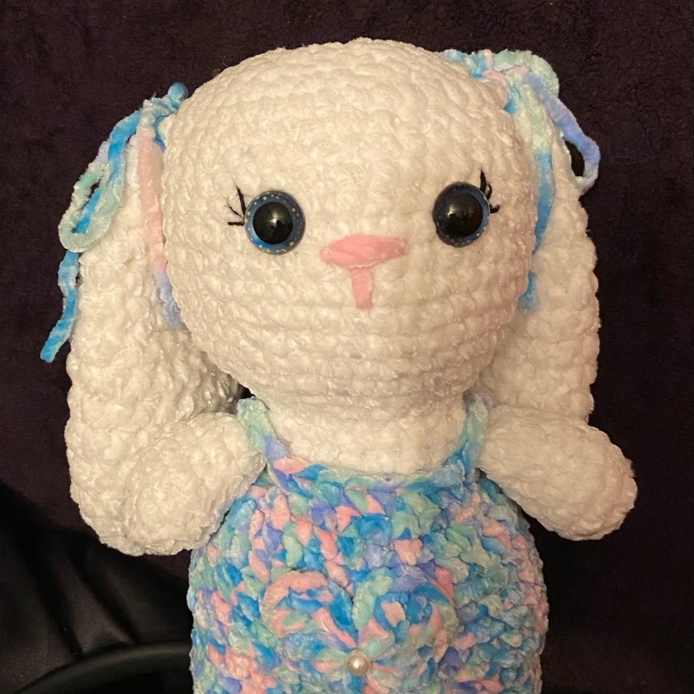 Plush Bunny Toy - White and Multicolor  handmade with Himalayan dolphin yarn